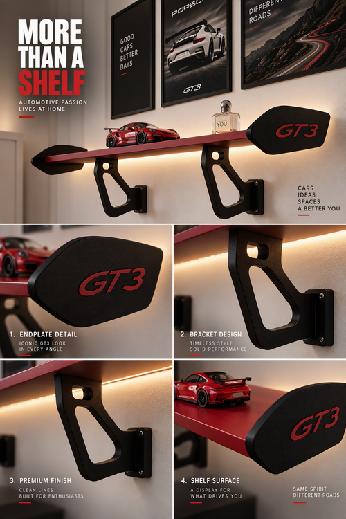 GT3 spoiler shelf details: end plate, bracket, finish and shelf surface