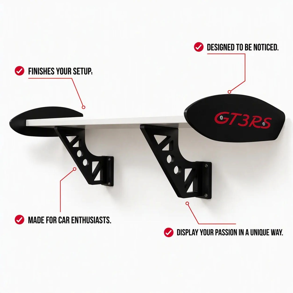Étagère murale GT3RS Spoiler Shelf, plateau blanc, dérives et supports noirs