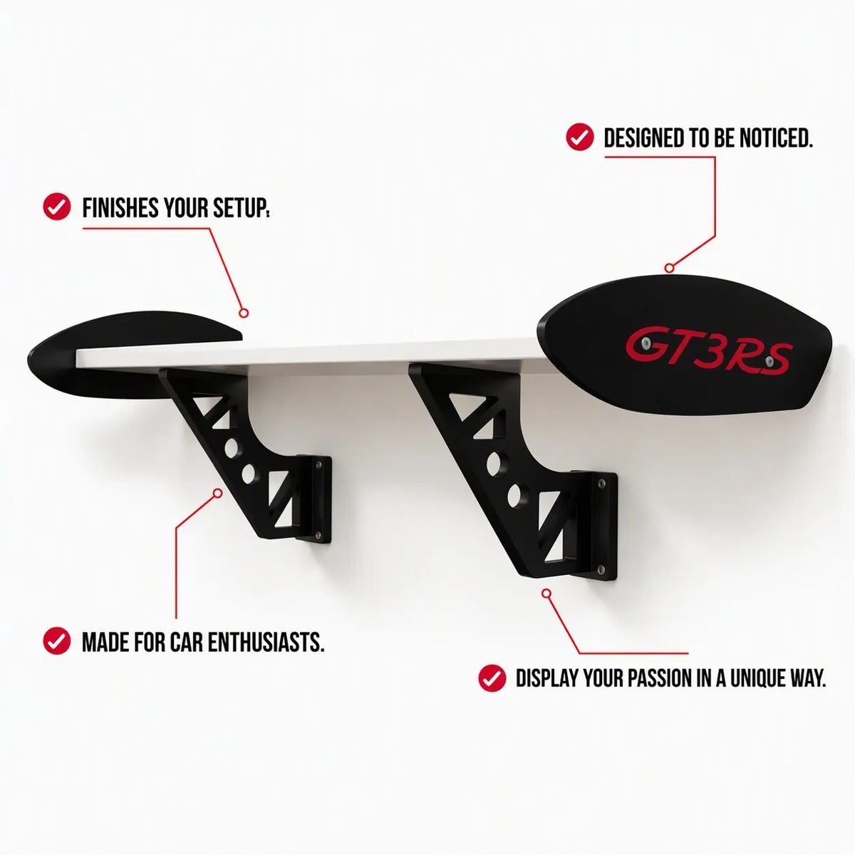 Étagère murale GT3RS Spoiler Shelf, plateau blanc, dérives et supports noirs