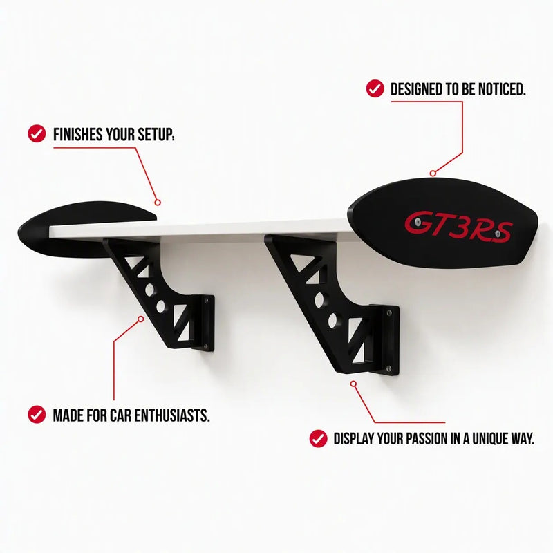 Étagère murale GT3RS Spoiler Shelf, plateau blanc, dérives et supports noirs